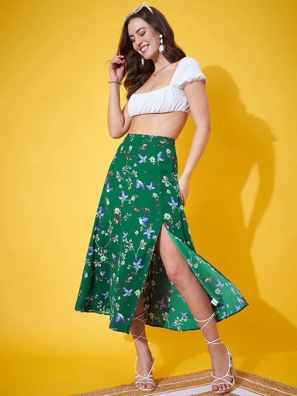 Berrylush Women Green & Blue Floral Printed High-Rise Waist Straight Hem Thigh-High Slit A-Line Maxi Skirt